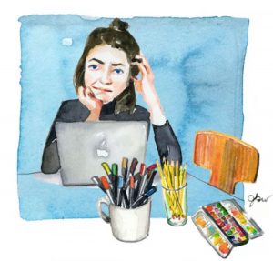 watercolour of Jessie at her desk