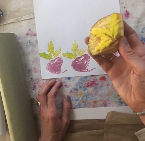 Making Stamp Art - Green greens and pink turnips