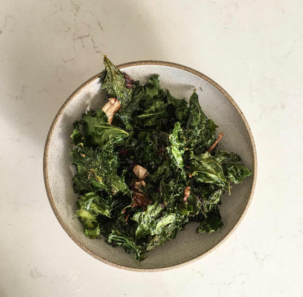 bowl of kale chips with burnt maple butter